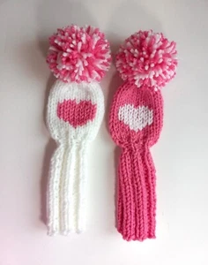 2 Pink/White Heart Hybrid/Iron/Putter 8" Hand knit GOLF CLUB HEAD COVERS POM - Picture 1 of 1