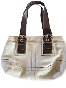 Coach Ladies Leather White Satchel Purse With Brown Trim Authentic - Picture 1 of 6