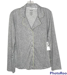 Hurley Soft & Cozy Womens Pajama Top Button Up Gray Lime Green Trim Size Medium - Picture 1 of 7