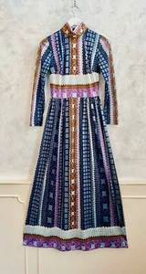 Vintage 1960's JEAN VARON Blue White Pink Abstract Psychedelic Maxi Dress 10 - Picture 1 of 13