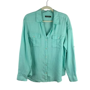 Camisa de campamento Tommy Bahama 100 % lino para mujer grande verde mangas enrollables costal - Imagen 1 de 8