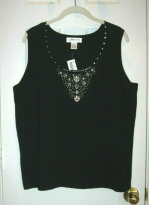 NUEVO CON ETIQUETAS ~ JUDITH HART Negro Adornado Sin Mangas Suéter Tejido Cami ~ Talla 1X Foto 1 de 4