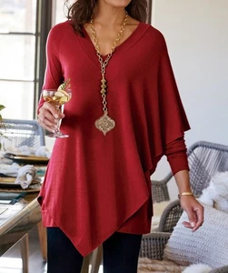 Weiche Umrandung Madeline Tunika Oberteil Langarm rot L asymmetrischer Saum Lagenlook - Bild 1 von 16