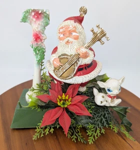 Vintage 3D Plastic Blow Mold Santa With Banjo & Foliage Christmas Decor - Picture 1 of 8