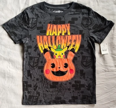 Pokemon Boys Gray Pikachu Pumpkin Halloween T-Shirt Tee Shirt Size S 22" x 15" - Image 1 of 4