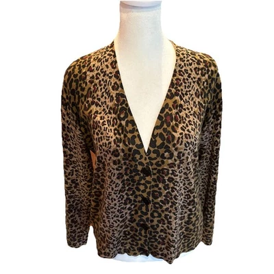 Cárdigan suéter manga larga marrón y negro Talbots Petite mediano MP leopardo Foto 1 de 4