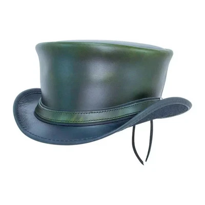 Sombrero de copa de cuero Steampunk verde oscuro estilo victoriano disfraz festival unisex Foto 1 de 4