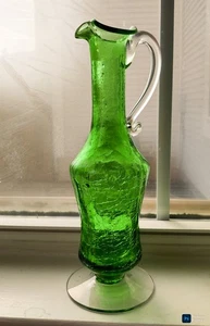 Vintage Hand Blown Green Crackle Glass Ewer . 11" Tall - Picture 1 of 4