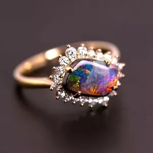 Certificated 2.26ct Play of Color Black Opal Diamond Halo Engagement 18K Gold - Picture 1 of 11