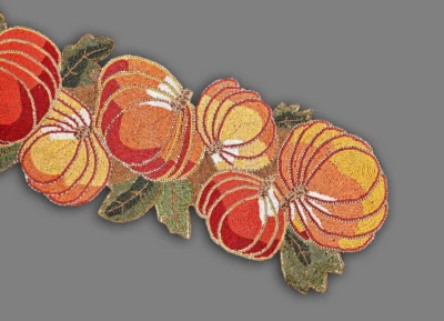 Hand Beaded Pumpkin Table Runner, Halloween Table Runner, Fall Tableware 13X36In - Image 1 of 4