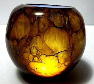 Fused Crackle Glass, Amber, Bowl Shaped Candleholder/Vase - Picture 1 of 7