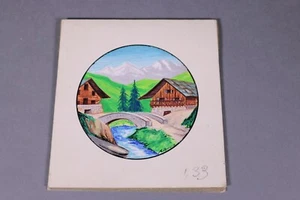 Original tableau gouache chromotransfert PAYSAGE MONTAGNE CHALET PONT 50/60 - Picture 1 of 4