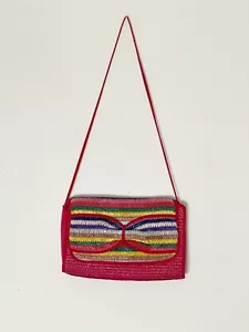 Vintage Made in Hong Kong Red Rainbow Stripe Bow Straw Shoulder Purse Lined - Picture 1 of 5