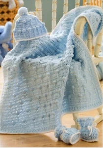Baby Crochet Pattern Copy Blanket Hat Booties 8 Ply Babies 3-12 months - Picture 1 of 2