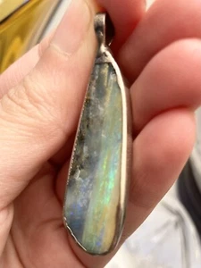 Brutalist 70s Boulder Opal Long Rough Pendant Silver Set Quirky Handmade - Picture 1 of 10
