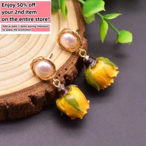 Natural Freshwater Pearl Earrings W/ Real Flowers Boho Baroque Drop 925 Silver - Picture 1 of 9