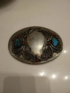 Old Pawn Navajo Nickel Silver Turquoise Coral Belt Buckle - Picture 1 of 4