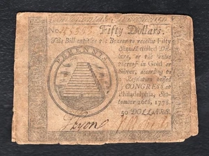 SEPTEMBER 26, 1778 $50 FIFTY DOLLARS CONTINENTAL CURRENCY NOTE - Picture 1 of 2