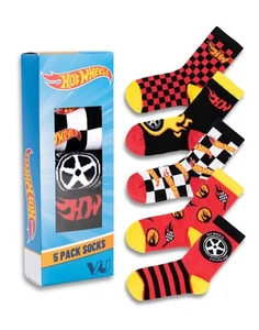 Juego de 5 calcetines de pantorrilla Hot Wheels multicolores a cuadros y llamas para niños - Imagen 1 de 8