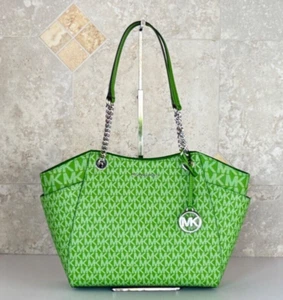 MICHAEL KORS JET SET TRAVEL LARGE SHOULDER CHAIN TOTE BAG MK JUNGLE GREEN - Picture 1 of 11