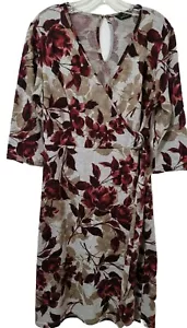 Mlle Gabrielle Dress Womens Size Large Red Beige Floral Print Faux Wrap Stretch - Picture 1 of 14