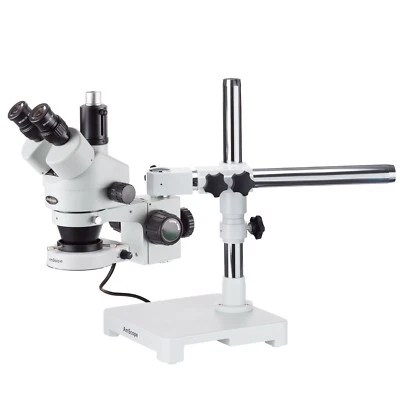 AmScope 7X-45X Trinocular Zoom Stereo Boom Stand Microscope + 80-LED Ring Light - Image 1 of 4