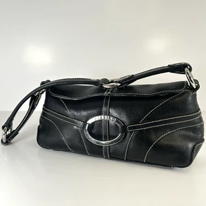 Trissino Black Leather Purse Satchel Bag Floral Lining Magnetic Flap Stitching - Picture 1 of 11