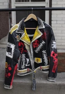 Men's Biker Silver Studded Punk Jacket, Steampunk Personalized Leather Jacket - Picture 1 of 5