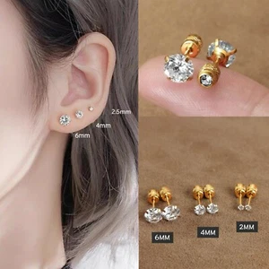 Womens Girls Gold Round CZ Crystal Screw Back Stud Earrings Surgical Steel 2-6mm - Picture 1 of 6