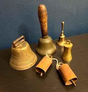 Lot of Antique Bells Primitive Farmhouse Chiantel Foundry Wood Sarna Brass RARE - Picture 1 of 4