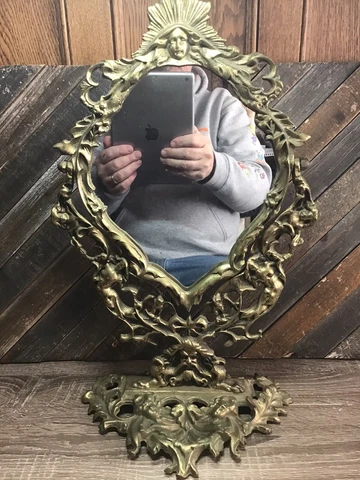 HUGE VICTORIAN ART NOUVEAU 17” ORNATE BRASS mystical ,celestial MIRROR repose Cover