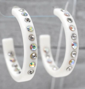 2" OFF WHITE HOOPS ROW AB/CLEAR (INNER & OUTER) RHINESTONES FASHION EARRINGS - Picture 1 of 11