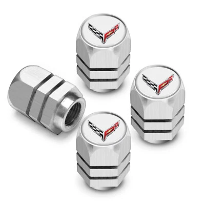 Chevrolet Corvette C8  in White on Silver Hexagon Shape Aluminum Tire Valve Caps - Image 1 of 4