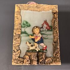 Vintage Italian 3D Figural Picture In Cork Frame Molded Girl and Dog ITALY RARE