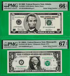 Matching Binary Serial Number 44499444 $5 & $1 Federal Reserve note PMG 66 & 67 - Picture 1 of 2