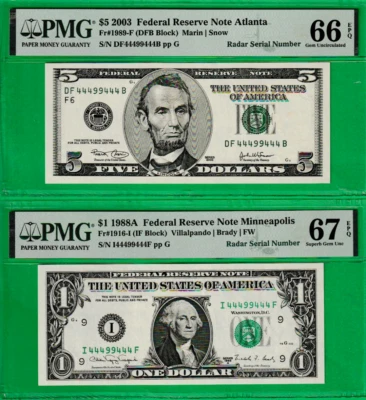 Matching Binary Serial Number 44499444 $5 & $1 Federal Reserve note PMG 66 & 67 - Image 1 of 2