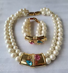 Rare Vintage Givenchy Faux Pearl & Crystal Collar Necklace & Matching Bracelet - Bild 1 von 7