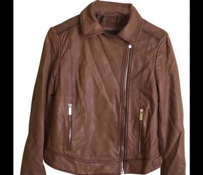 Chaqueta de cuero marrón Donna Karen para mujer talla XS Foto 1 de 4