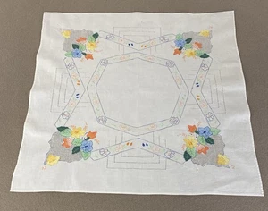 Vintage Colourful Floral Embroidery Appliqué Small Square Linen Tablecloth 75cm - Picture 1 of 15