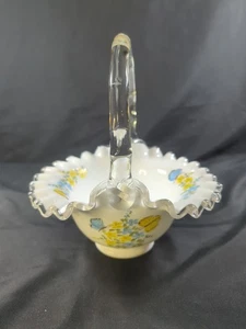 Vintage Fenton Glas Silber Wappen blau gelb Schmetterlinge Blumen Korb Unikat - Bild 1 von 9