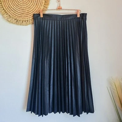 Zara Woman New Coated Faux Leather Pleated Blue Black Midi Skirt, Size Medium - Image 1 of 4