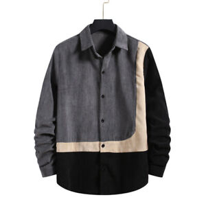 Men's Long-Sleeved Shirt New Casual Fashion Corduroy Splicing Contrast Color Top