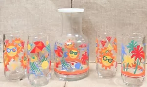 Vintage Libbey Tropical Beach Karaffe & Optik Swirl Glas Becher Set Küste Spaß - Bild 1 von 11