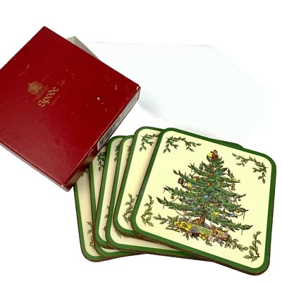Spode Christmas Coaster Tree Set Of 6 Square Corkback  With Box 4x4  Mats - Image 1 of 4