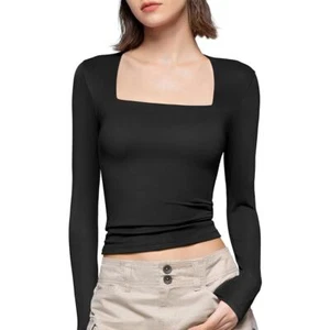 PUMIEY Square Neck Long Sleeve T Shirts Slim Fit Tops Basic Tee Smoke 3XL - Picture 1 of 7