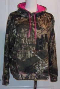 Mossy Oak Cotton Blend Camo Pink Hooded Pockets Pullover Sweatshirt Medium - Picture 1 of 3
