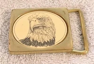 Vintage Barlow Faux Scrimshaw & Brass Belt Buckle American Bald EAGLE Patriotic - Picture 1 of 2