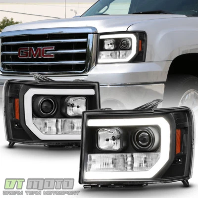 Black 2007-2013 GMC Sierra 1500 2500HD 3500HD LED DRL Tube Projector Headlights — 第 1/4 张图片