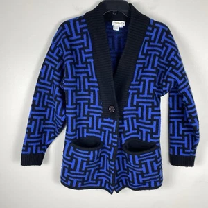VTG Christian Dior Womans S Button Down Sweater Blue Geo Print Lambswool SHRUNK - Picture 1 of 6