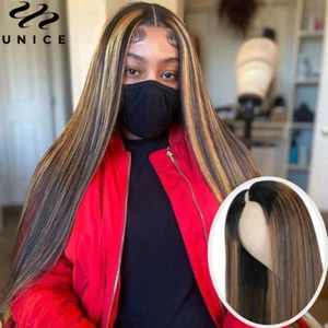UNice Cambodian Ombre Straight V Part Wig Highlight Balayage Brown Glueless Lace - Picture 1 of 12